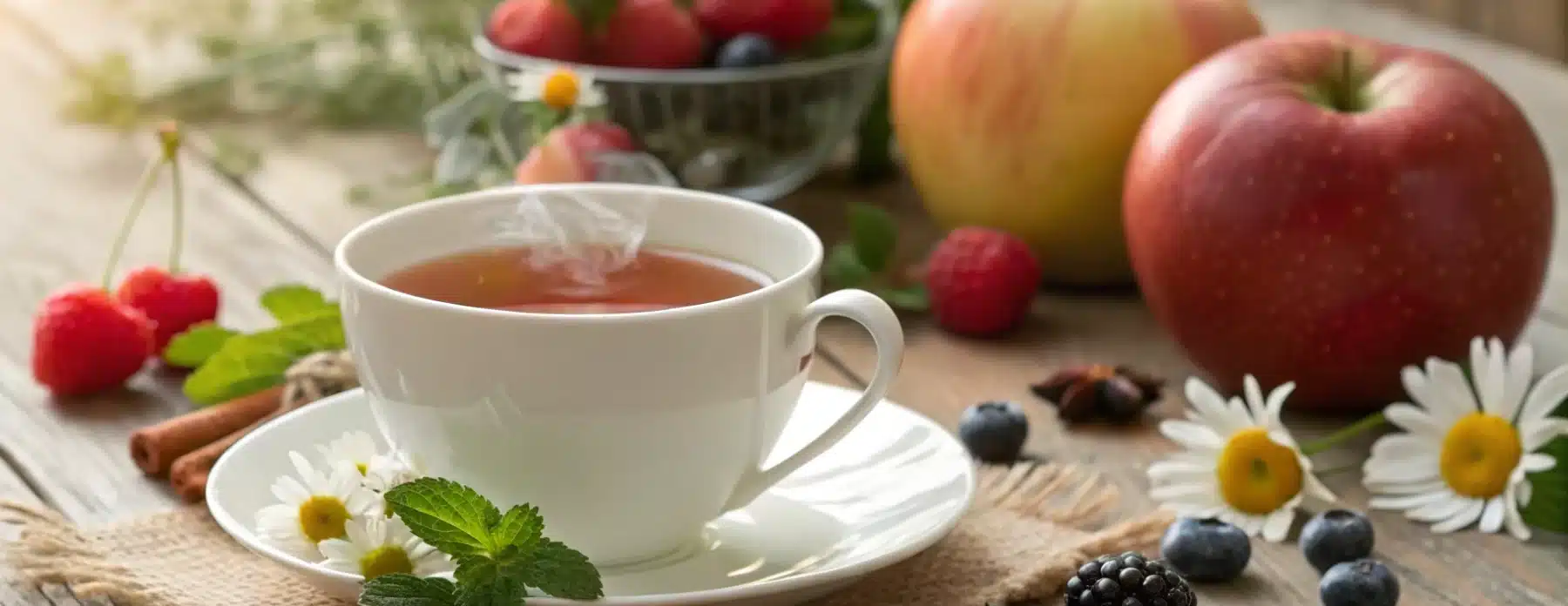 Une image d'une tasse de tisane laxative accompagnée de fruits frais et d'herbes, illustrant son efficacité contre les ballonnements.