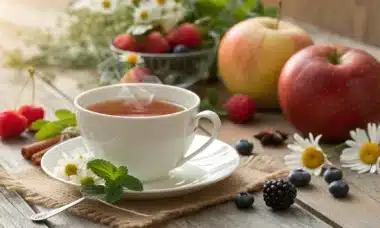 Une image d'une tasse de tisane laxative accompagnée de fruits frais et d'herbes, illustrant son efficacité contre les ballonnements.