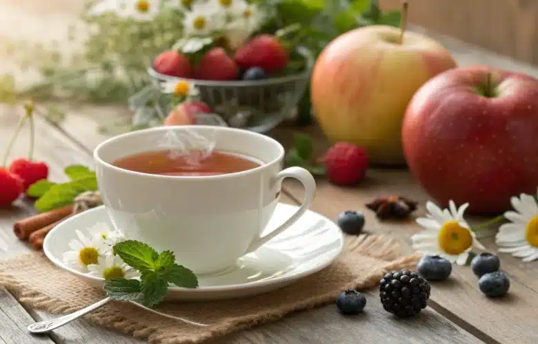 Une image d'une tasse de tisane laxative accompagnée de fruits frais et d'herbes, illustrant son efficacité contre les ballonnements.